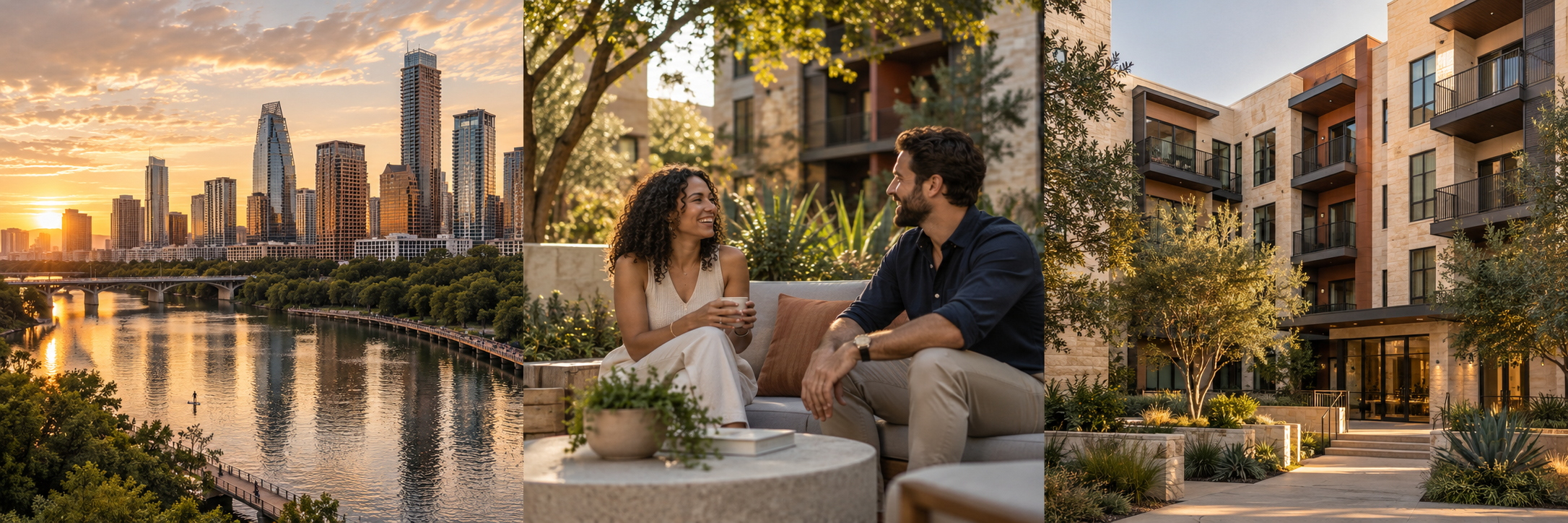 Austin skyline at golden hour, happy apartment residents in a courtyard, and a contemporary multifamily community exterior